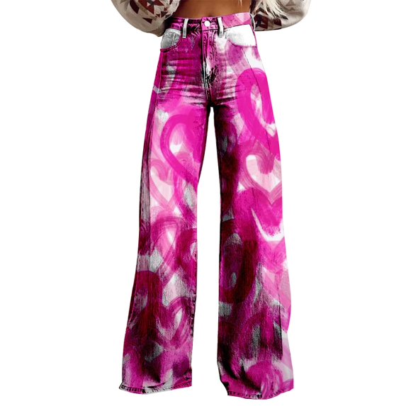 Charmgo Palazzo Pants for Women, Women's Vintage Floral Print Wide Leg Pant High Waisted Stretchy Flowy Pants with Pockets, Baggy Pants for Women Hot Pink XL