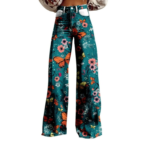 Charmgo Palazzo Pants for Women, Women's Vintage Floral Print Wide Leg Pant High Waisted Stretchy Flowy Pants with Pockets, Baggy Pants for Women Navy XXXXXL