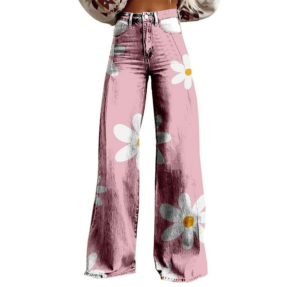 Charmgo Palazzo Pants for Women, Women's Vintage Floral Print Wide Leg Pant High Waisted Stretchy Flowy Pants with Pockets, Baggy Pants for Women Pink S