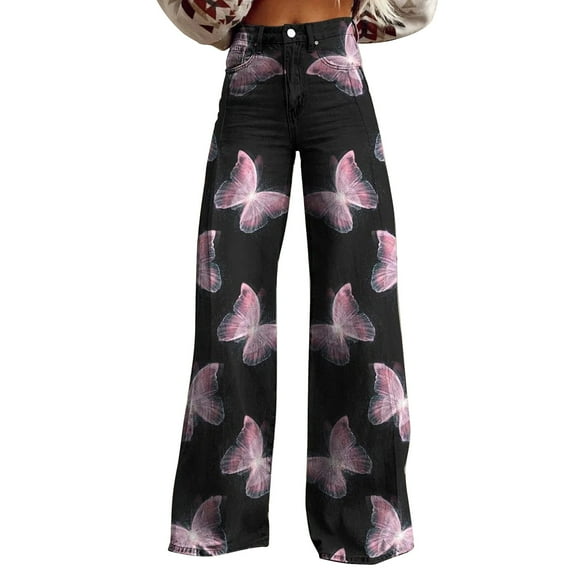 Charmgo Palazzo Pants for Women, Women's Fashion Art Print High Waisted Pants Casual Wide Leg Pants Baggy Pants for Women Black L