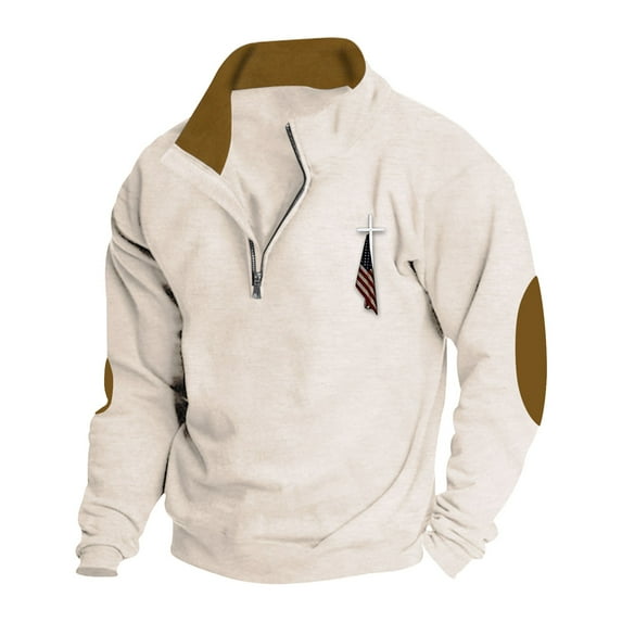 Charmgo Quarter Zip Pullover Men, Men's Casual Fashion American Flag Hoodie Loose Trendy Clothes Long Sleeve Hoodie, Sweaters for Men, Beige Sweatshirts for Men M