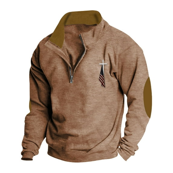 Charmgo Quarter Zip Pullover Men, Men's Casual Fashion American Flag Hoodie Loose Trendy Clothes Long Sleeve Hoodie, Sweaters for Men, Khaki Sweatshirts for Men S