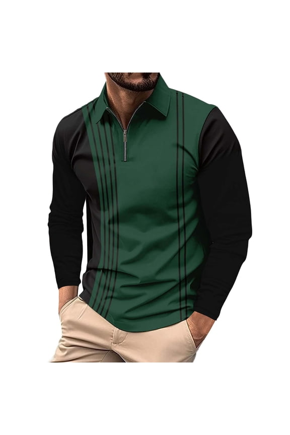 Quarter Zip Pullover Men, Men's Fashion Spring and Autumn Casual Long Sleeve Tops Zipper Solid Color Long Sleeve Polo Shirts, Polo Shirts for Men Green XXL