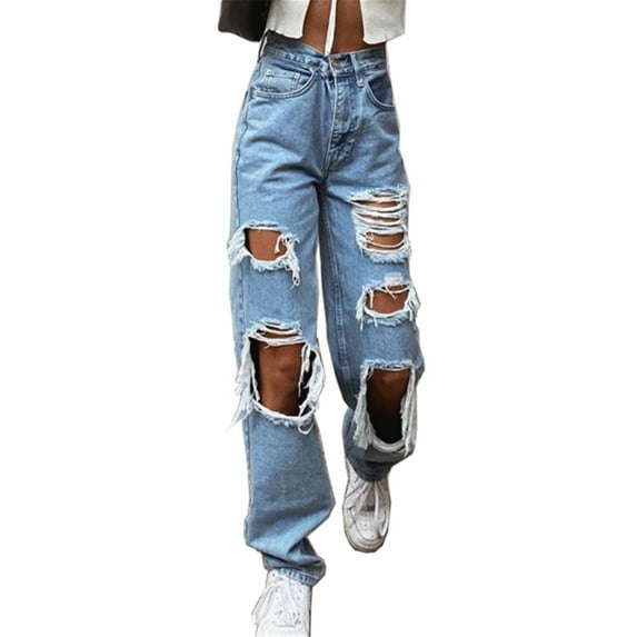 Charmgo Ripped Jeans Womens Women Button High Waist Pocket Elastic Hole Jeans Trousers Loose Denim Pants High Waisted Wide Leg Jeans Baggy Jeans for Women Blue L