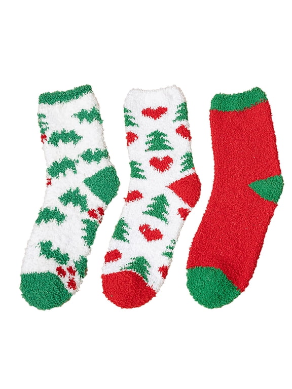 Socks for Women Clearance, 3 Pairs Christmas Fuzzy Socks for Women Home Casual Sleeping Socks Warm Cozy Slipper Socks Microfiber Fluffy Socks Christmas Gifts, Compression Socks for Women Green
