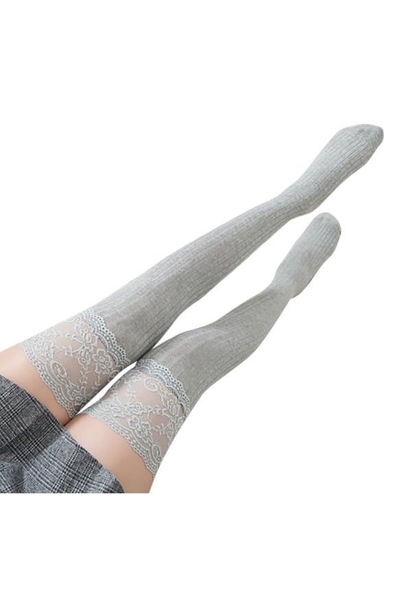 Socks for Women Clearance, Women Lace Trim Thigh High Over The Knee Socks Long Cotton Warm Stockings Thigh High Stockings, Compression Socks for Women Grey