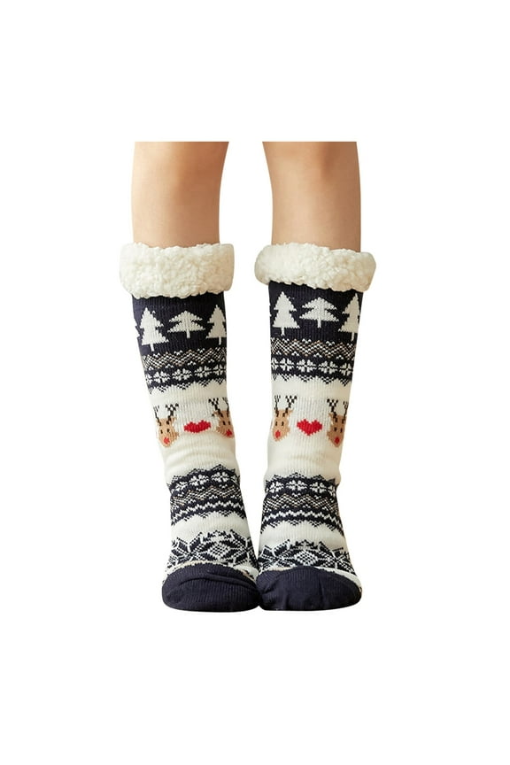 Socks for Women Clearance, Women's Winter Super Soft Warm Fuzzy Fleece-Lined Grippers Slipper Socks Thigh High Stockings, Compression Socks for Women Navy