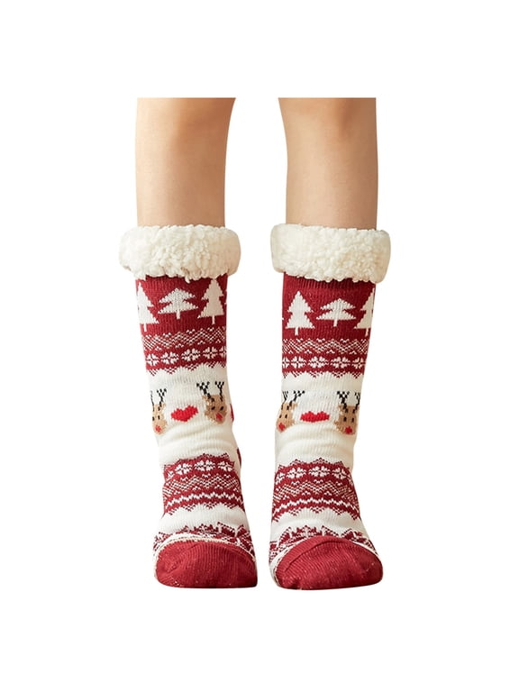 Socks for Women Clearance, Women's Winter Super Soft Warm Fuzzy Fleece-Lined Grippers Slipper Socks Thigh High Stockings, Compression Socks for Women Wine