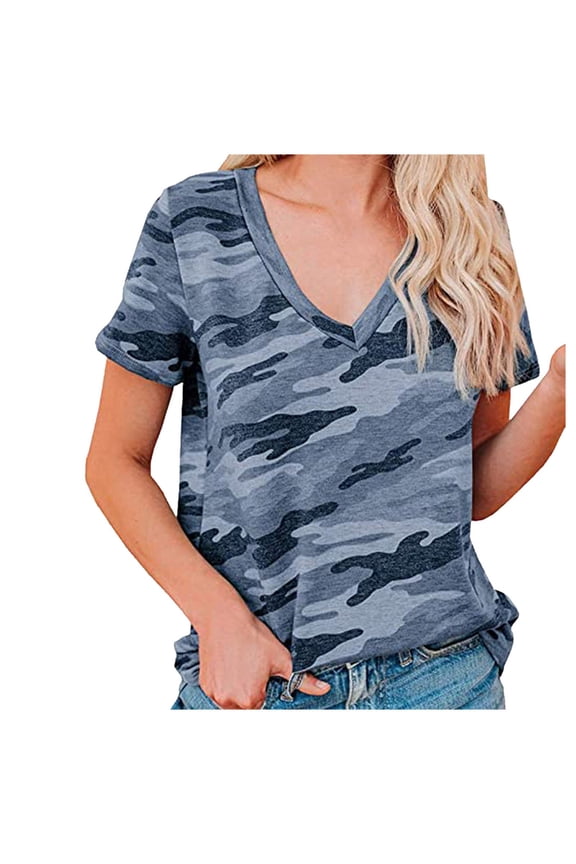 Spring Womens Tops for Women 2024 Clearance, Women's Casual Camouflage V-Neck Loose Short Sleeve T-Shirt Tops for Women Trendy, Summer Tops for Women 2024 Blue