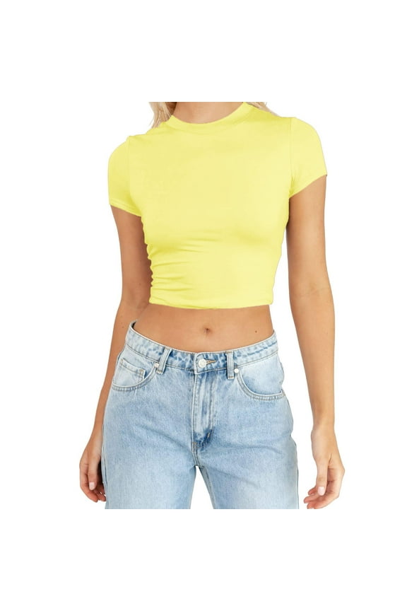 Spring Womens Tops for Women 2024, Womens Fashion Summer Short Sleeve Cute Crop Tops Casual Basic Crewneck Slim Fit T Shirts Tops for Women Trendy, Summer Tops for Women 2024 Yellow