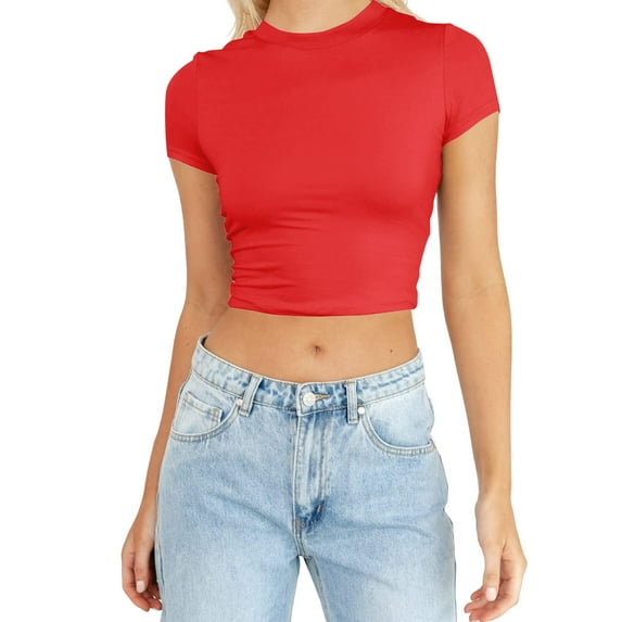 Charmgo Spring Womens Tops for Women 2024 Clearance, Womens Fashion Summer Short Sleeve Cute Crop Tops Casual Basic Crewneck Slim Fit T Shirts Tops for Women Trendy, Summer Tops for Women 2024 Red