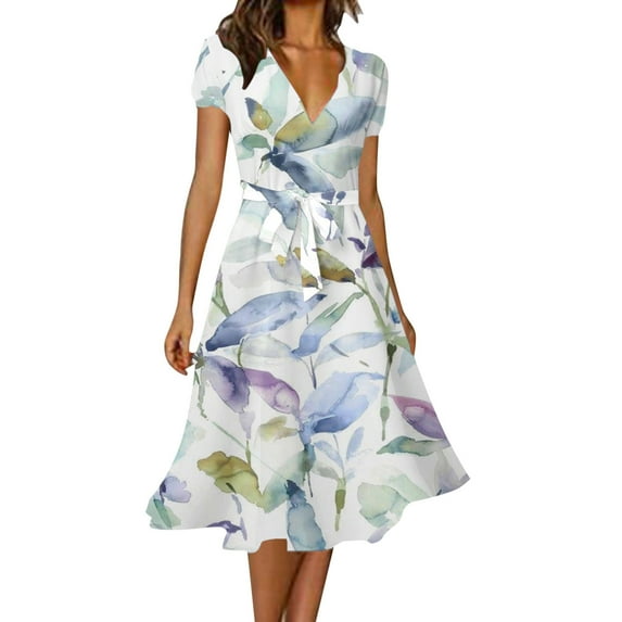 Charmgo Summer Dresses for Women, 2024 Women Casual Elegant Solid Color V Neck Short Sleeve Floral Dress Midi Dresses for Women, Sundresses for Women 2024 White S