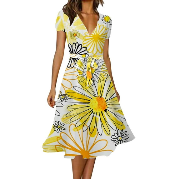 Charmgo Summer Dresses for Women, 2024 Women Casual Elegant Solid Color V Neck Short Sleeve Floral Dress Midi Dresses for Women, Sundresses for Women 2024 Yellow XL