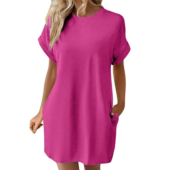 Charmgo Summer Dresses for Women 2024, Women's Solid Color Round Neck Bat Short Sleeve Hidden Pockets Loose Casual Dress Prom Dresses 2024 Sundress, Wedding Guest Dresses for Women Hot Pink XXL