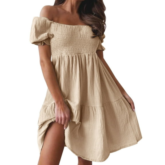 Charmgo Summer Dresses for Women, 2024 Womens Boho Summer Off Shoulder Cute Dress Puff Sleeve Ruffle Flowy Beach Dress Midi Dresses for Women, Sundresses for Women 2024 Beige L