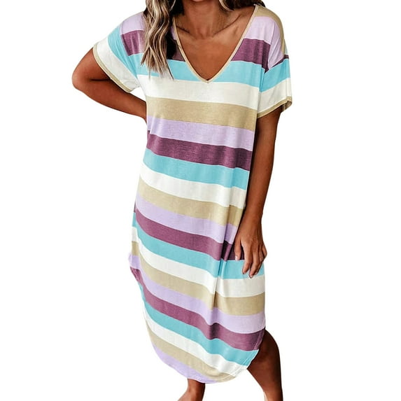 Charmgo Summer Dresses for Women, 2024 Womens Stripe Casual Short Sleeve V Neck Short Party Dress Midi Dresses for Women, Sundresses for Women 2024 Purple XL