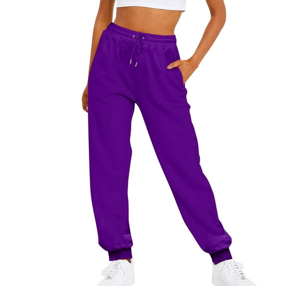 Charmgo Summer Pants for Women 2024, Ladies Solid Color Drawstring Elastic Waist Casual Loose Foot Fleece Sweatpants Shorts for women Purple M