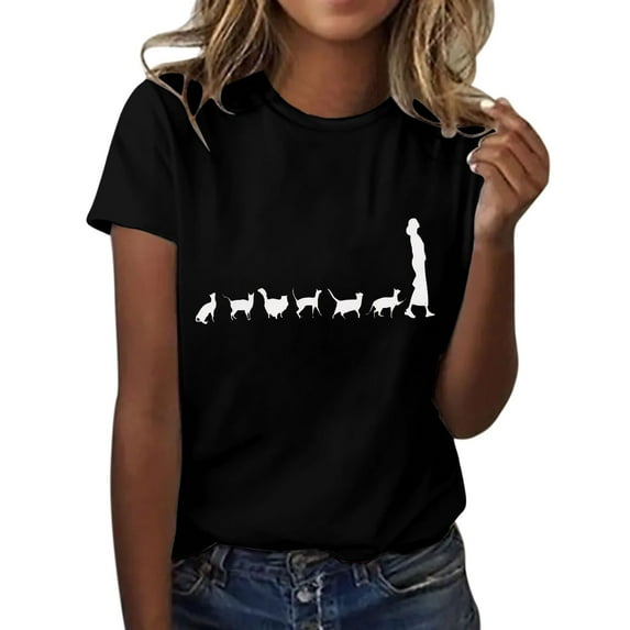 Charmgo Summer Tops for Women 2024, Women's Human and Animal Print Shirt Short Sleeve Round Neck T Shirt Fashion Lightweight Soft Casual Summer Clothes Graphic Tees for Women Blouses for Women Black
