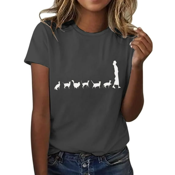 Charmgo Summer Tops for Women 2024, Women's Human and Animal Print Shirt Short Sleeve Round Neck T Shirt Fashion Soft Casual Summer Clothes Graphic Tees for Women Blouses for Women Dark Gray