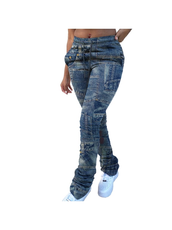 Sweatpants Women Clearance, Women Fashion Casual Jeans Print Trousers Strap Long Pocket Pant Work Pants Women Cargo Pants Women Dark Blue