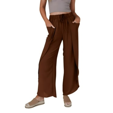 Charmgo Sweatpants Women Clearance, Women's Folded Palazzo Pants Summer Casual Wide Leg Drawstring Elastic High Waist Pant Trousers with Pockets Work Pants Women Cargo Pants Women Coffee