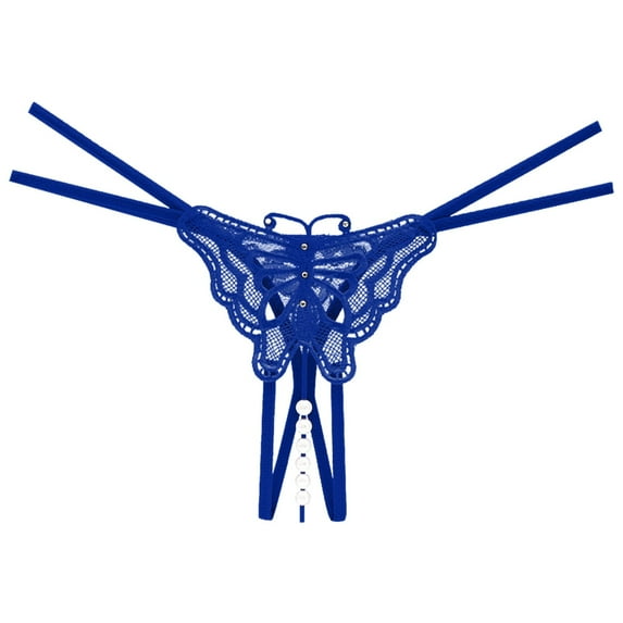 Charmgo Thongs for Women Clearance, Women Embroidered Hollow Butterfly Low Waist Underpants Open Cut Pearl Massage Thong, Womens Underwear, G String Thongs for Women Blue
