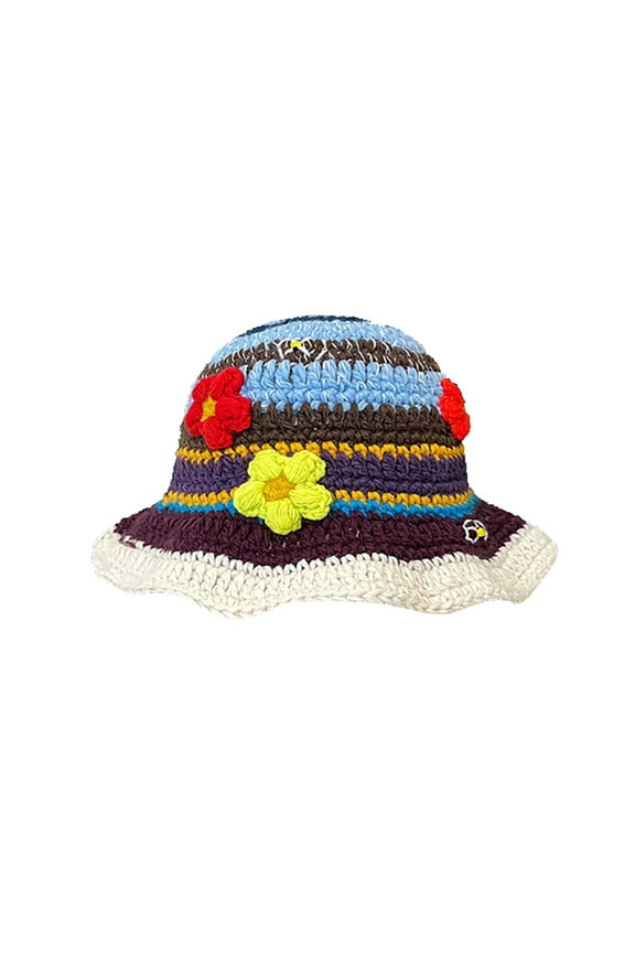 Trucker Hat Clearance, Crochet Bucket Hat for Women Knit Cap Handmade Foldable Floppy Beach Hat Fashion Cute Striped Floral Fishing Hat Bucket Hat Baseball Cap, Sun Hats for Women Brown