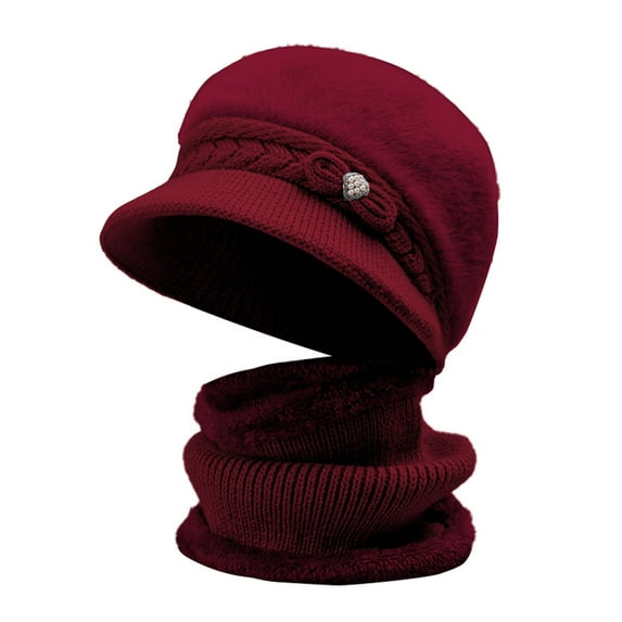 Charmgo Trucker Hat Clearance, Women's Knitted Warm Basin Hat Padded Cotton Hat Plush Hat + Scarf Two Piece Set Bucket Hat Baseball Cap, Sun Hats for Women Red