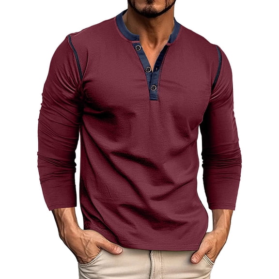 Charmgo True Classic Tees Men, Men's Casual Fashion Solid Color Loose Trend Loose Collar Pocket Button Long Sleeve Henley Shirt Button Shirts, Henley Shirts for Men Red M