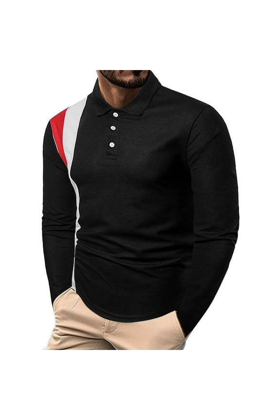 True Classic Tees Men, Men's Casual Fashion Splicing Trend Loose Stand Collar Long Sleeve Polo Shirts, Black Polo Shirts for Men Black XXXL