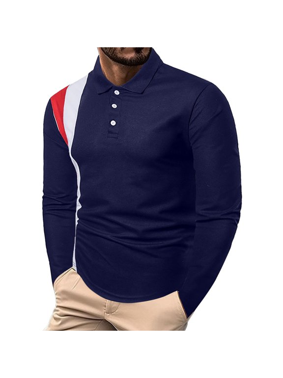 True Classic Tees Men, Men's Casual Fashion Splicing Trend Loose Stand Collar Long Sleeve Polo Shirts, Polo Shirts for Men Navy XXXL