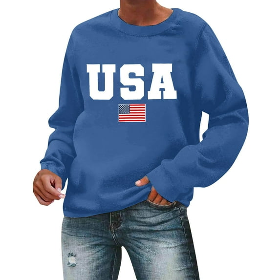 Charmgo USA Sweatshirt Under $15, Women's Autumn Round Neck American Flag USA Print Loose Casual Hooded Sweatshirt Fall Sweaters USA Sweatshirt Women Blue M