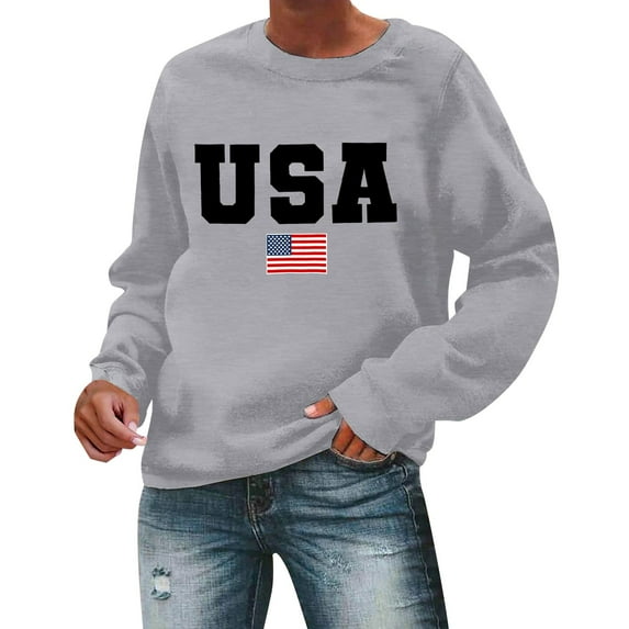 Charmgo USA Sweatshirt Under $15, Women's Autumn Round Neck American Flag USA Print Loose Casual Hooded Sweatshirt Fall Sweaters USA Sweatshirt Women Grey XXL