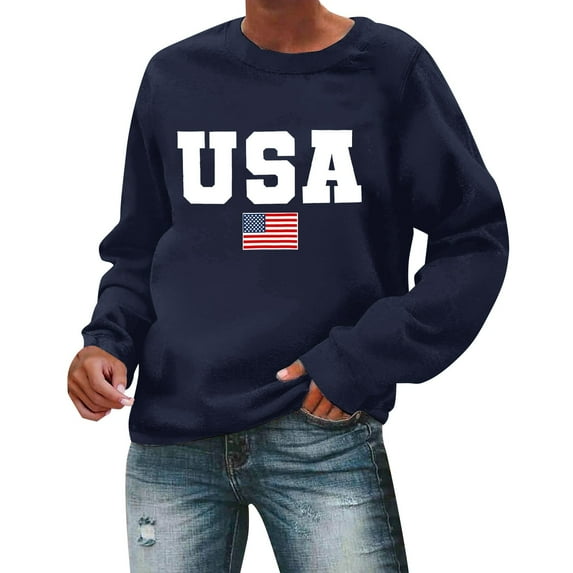 Charmgo USA Sweatshirt Under $15, Women's Autumn Round Neck American Flag USA Print Loose Casual Hooded Sweatshirt Fall Sweaters USA Sweatshirt Women Navy XL
