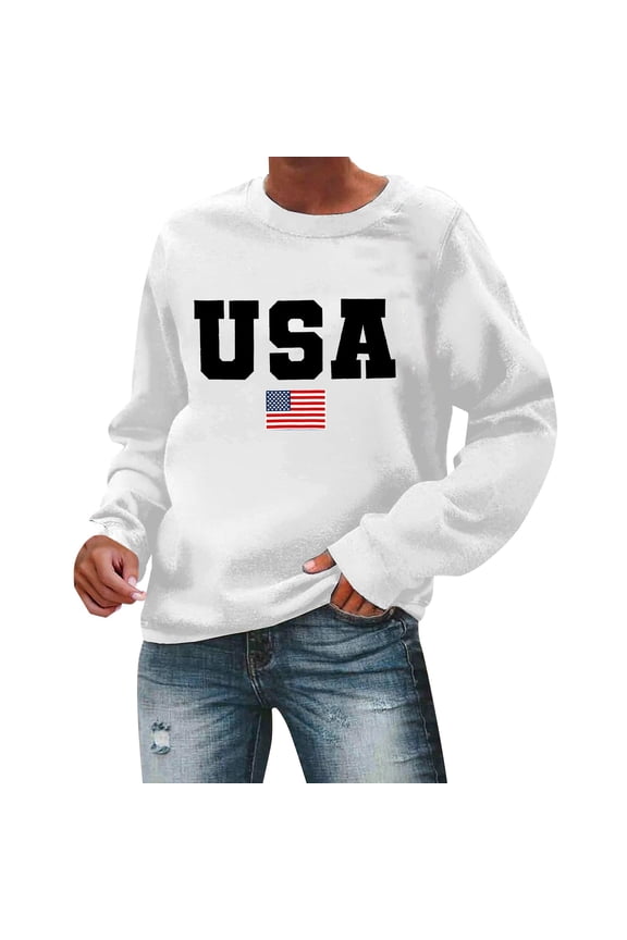 USA Sweatshirt Under $15, Women's Autumn Round Neck American Flag USA Print Loose Casual Hooded Sweatshirt Fall Sweaters USA Sweatshirt Women White S