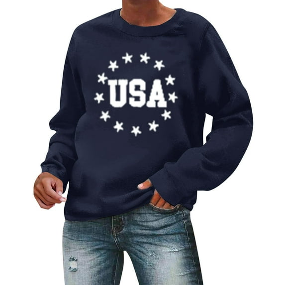 Charmgo USA Sweatshirt Under $15, Women's Autumn Round Neck American Flag USA Print Loose Casual Pullover Sweatshirt USA Sweatshirt Women, Sweatshirt for Teen Girls Navy M