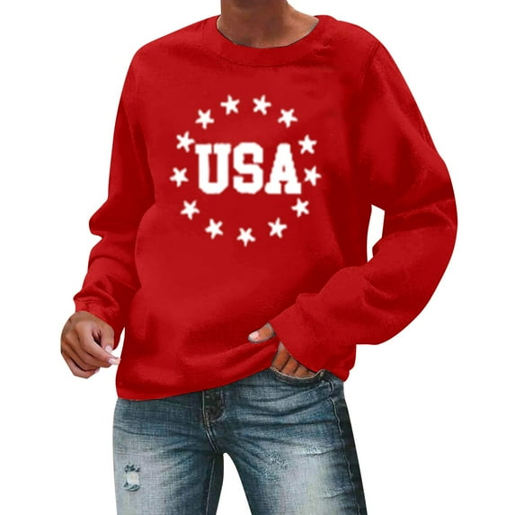 Charmgo USA Sweatshirt Under $15, Women's Autumn Round Neck American Flag USA Print Loose Casual Pullover Sweatshirt USA Sweatshirt Women, Sweatshirt for Teen Girls Red M