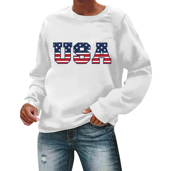 Charmgo USA Sweatshirt Under $15, Women's Autumn Round Neck American Flag USA Print Loose Casual Pullover Sweatshirt USA Sweatshirt Women, Sweatshirt for Teen Girls White S