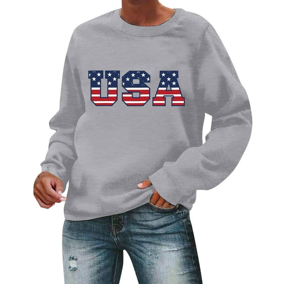 Charmgo USA Sweatshirt Under $15, Women's Autumn Round Neck American Flag USA Print Loose Casual Pullover Sweatshirt USA Sweatshirt Women, Sweatshirt for Teen Girls Grey S