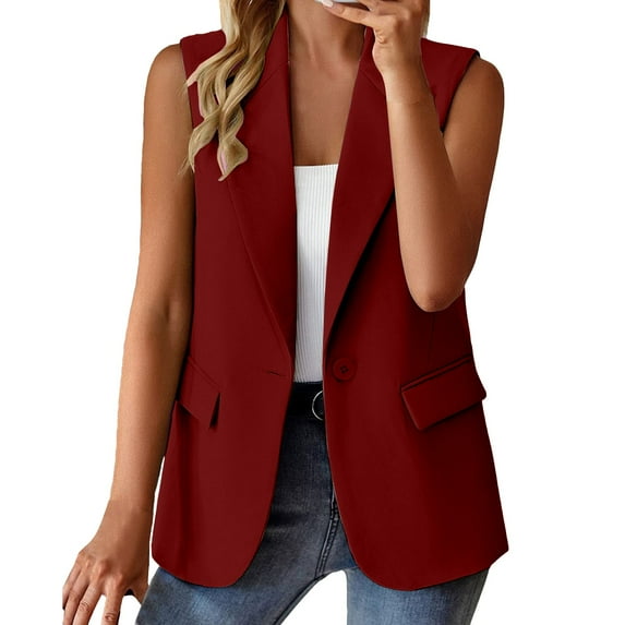Charmgo Vest Tops for Women, Women's Sleeveless Coat Solid Color Cardigan Suit Casual Lapel Cardigan Jacket with Pockets Dress Vest Women, Burgundy Vests Women XL