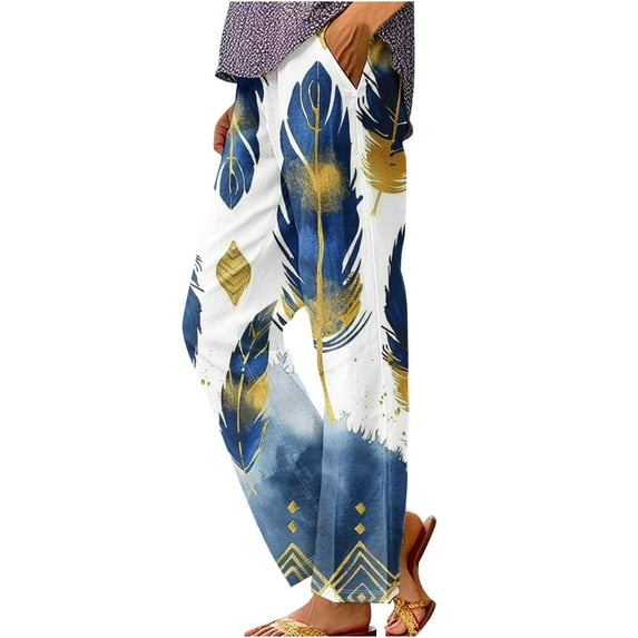 Charmgo Women Capri Pants, Women's Botanical Floral Print Loose Pocket Patchwork Casual Cotton and Linen Pants Wide Leg Pants for Women Trendy Sky Blue XXXL