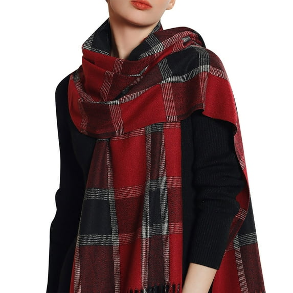 Charmgo Women Scarf Clearance, Women's Autumn and Winter Colorful Plaid Shawl Wraps Warm Thick Fringe Scarf, Hair Scarf for Women Red A