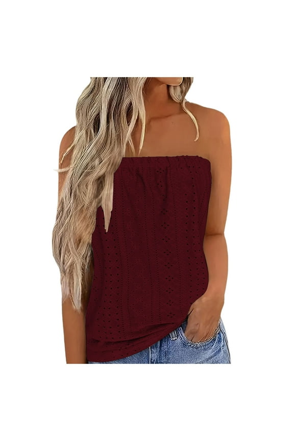 Women's Breathable Sleeveless Bandeau Top Summer Tops Stretchy Tube Top Off The Shoulder Top Casual Beach Strapless Top Party Loose Backless Top for Women Burgundy L