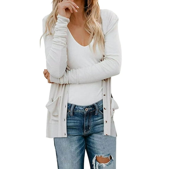 Charmgo Women's Cardigans Clearance, Long Sleeve Cardigan for Women Open Front Button Cardigan with Pocket Casual Lightweight Cardigan Sweater Long Cardigans for Women White XL