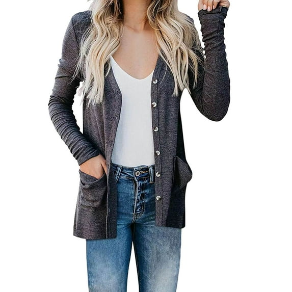 Charmgo Women's Cardigans Clearance, Long Sleeve Cardigan for Women Open Front Button Cardigan with Pocket Casual Lightweight Cardigan Sweater Long Cardigans for Women Dark Gray L