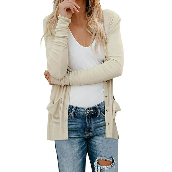 Charmgo Women's Cardigans Clearance, Long Sleeve Cardigan for Women Winter Open Front Button Cardigan with Pockets Casual Lightweight Cardigan Sweater Long Cardigans for Women Beige L
