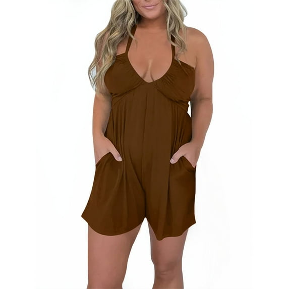 Charmgo Women's Jumpsuits, Rompers & Overalls, Women Summer Plus Size Solid Sleeveless V Neck Rompers Short Jumpsuits Rompers Jumpsuits for Women Rompers for Women 2024 Brown XL