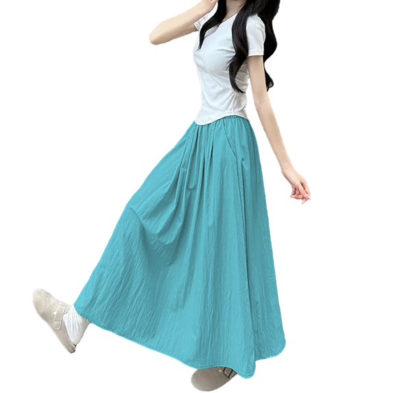 Charmgo Women's Skirts Summer Fashion Wrinkle Long Skirt for Women Elastic High Waist Casual Maxi Skirt With Pockets Plus Size A Line Flowy Skirt Midi Skirts for Women Green XXXL