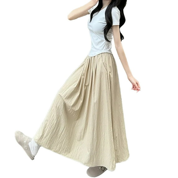 Charmgo Women's Skirts Summer Fashion Wrinkle Long Skirt for Women Elastic High Waist Casual Maxi Skirt With Pockets Plus Size A Line Flowy Skirt Midi Skirts for Women Beige M