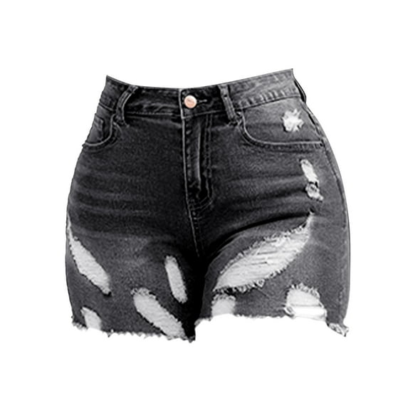 Charmgo Women's Spring/Summer High Waisted Skinny Jean Shorts Versatile Perforated Ragged Edge Denim Shorts Womens Shorts Mid Rise Denim Shorts for Women Black XL